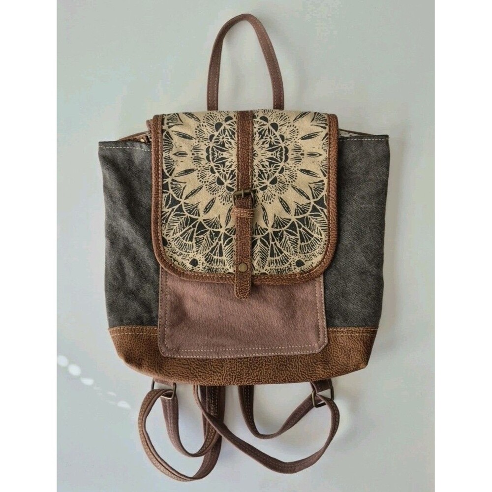 Myra Bag Daisy Delight Mandala Western Boho Canvas Leather Flap Backpack Bag
